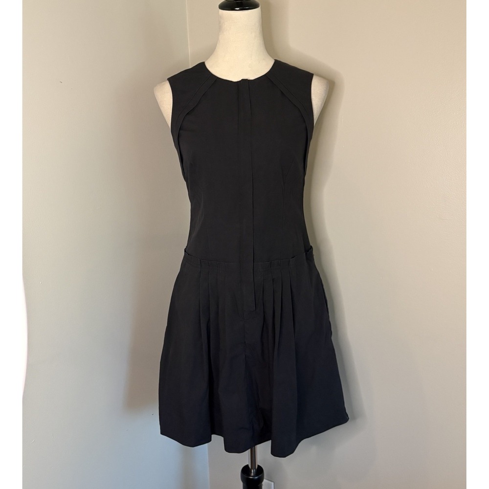 CUE Black Pleated Drop Waist Dress Front Zip Cotton Lyocell Sleeveless Mini US 4